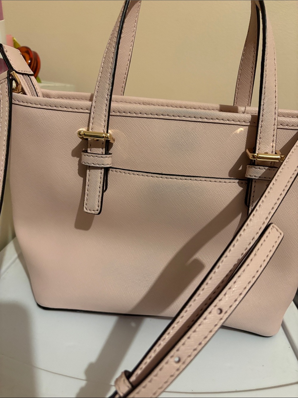 Blush Saffiano Tote wGold. Used twice. little blue on edge of purse from Jeans - Picture 3 of 6